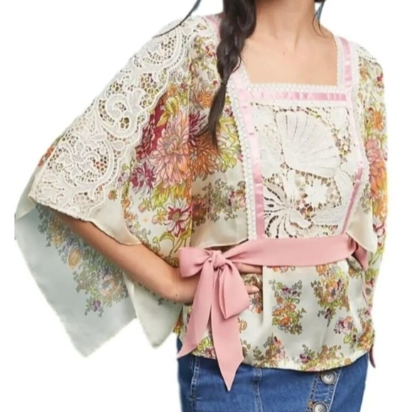 Tiny Anthropologie Side Tie Top Begonia Floral Blouse Square Neck Lace Kimono M - Picture 1 of 12